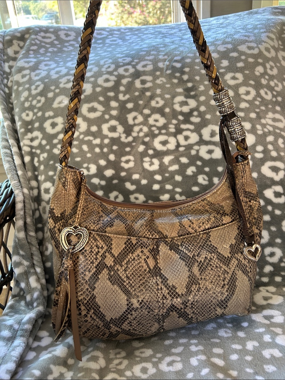 Brighton Brown Snake-Print Shoulder Bag with Braided Strap